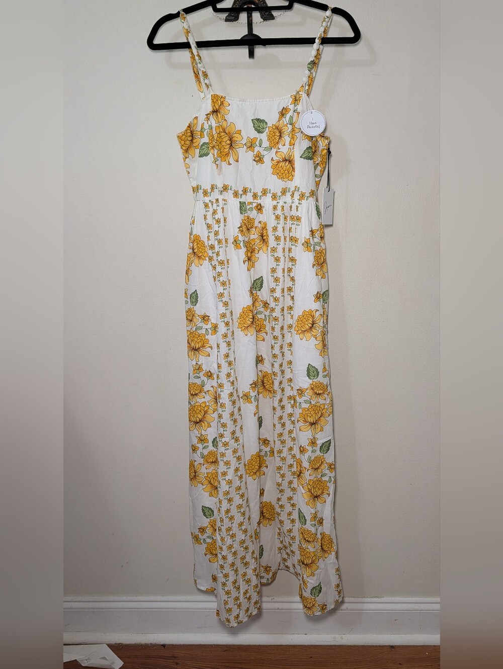 Japna Floral Sundress White Yellow Beaded Straps 100% Cotton New Women's Size M